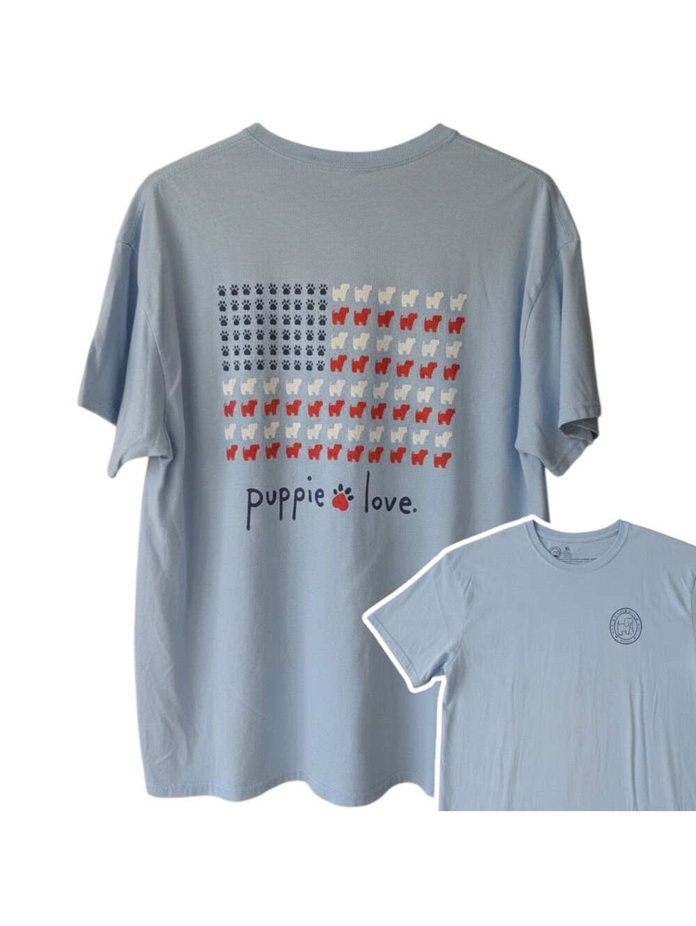 Puppie Love American Flag Graphic Shirt Unisex XL Light Blue USA Rescue 24x30.5
